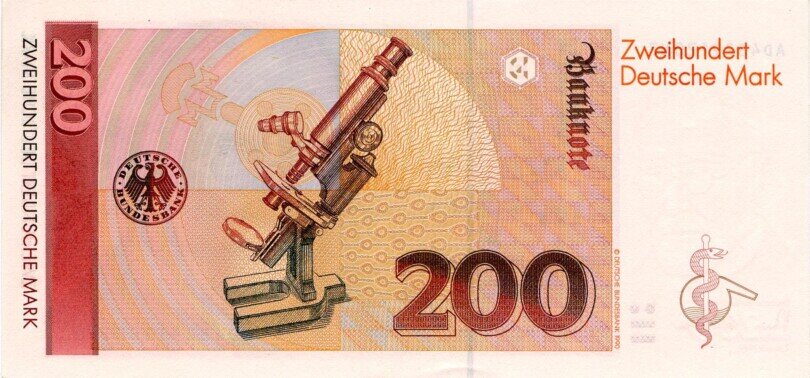 200 DM-Schein, Rückseite akzeptierte 200 DM-Schein, Rückseite, Vierte Serie Persönlichkeitsserie BBk III (1990)